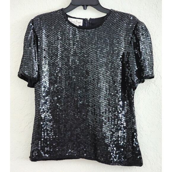 TOP/BLOUSE-Laurence Kazar-Silk Solid Black Sequins-Lined-T-Shirt Style-Size P-Lg - Picture 1 of 12